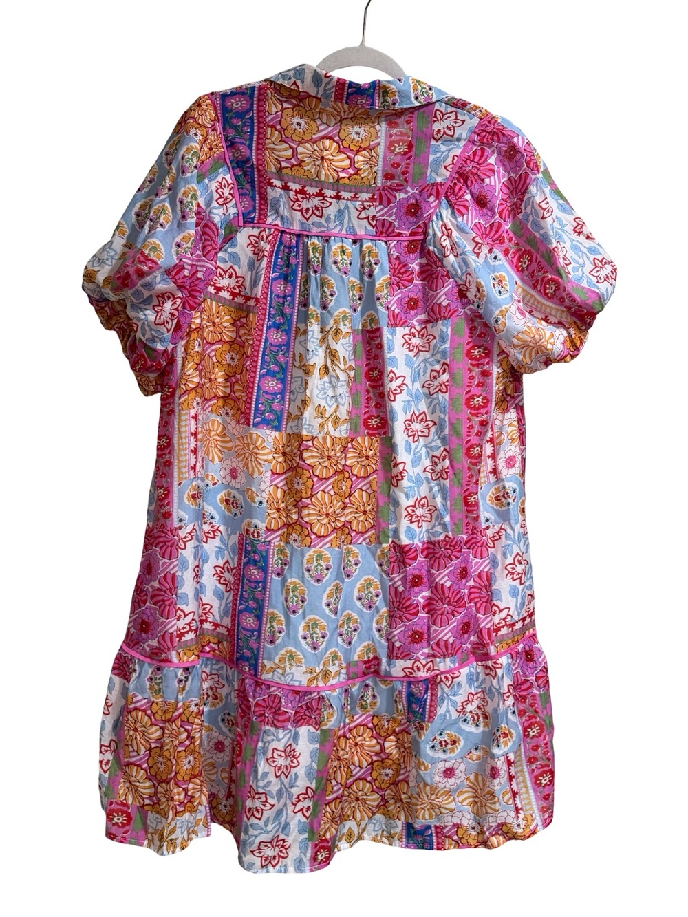 ☀️Umgee Patchwork Print Smocked Mini Dress Collared Split V-Neck Size Large Boho - Picture 6 of 11